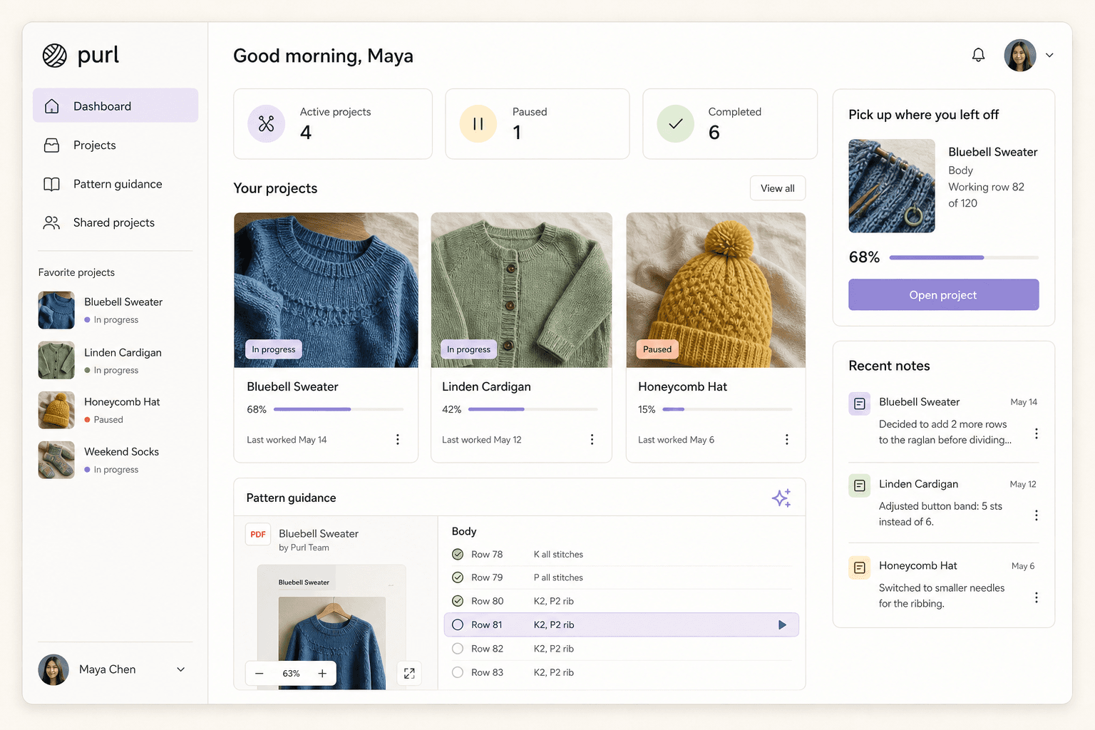 Purl app workspace showing knitting projects, progress tracking, and pattern guidance